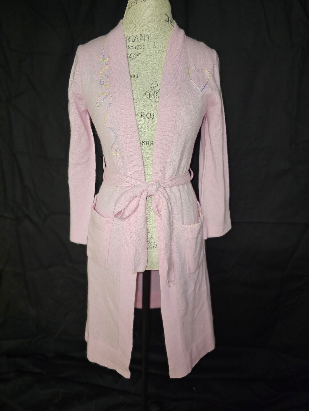 LoveShackFancy Light Pink Embroidered Knit Robe with Belt